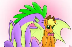 Size: 1109x721 | Tagged: safe, artist:bellbell123, derpibooru import, applejack, spike, dragon, earth pony, pony, applespike, cute, female, heart, hearts and hooves day, holiday, jackabetes, kiss on the cheek, kissing, male, mare, older, older spike, present, shipping, spikabetes, straight, valentine's day, winged spike