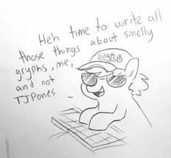 Size: 1359x1248 | Tagged: safe, artist:tjpones, derpibooru import, oc, oc:jarg, oc:tjpones, earth pony, pony, baseball cap, cap, hat, keyboard, lineart, male, solo, speech, stallion, sunglasses, talking