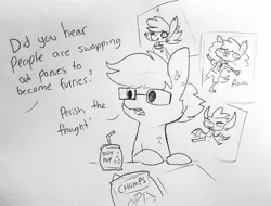 Size: 1761x1336 | Tagged: safe, artist:tjpones, derpibooru import, oc, oc:tjpones, anthro, diamond dog, digitigrade anthro, dragon, earth pony, pony, anthro with ponies, awoo, bendy straw, chips, dialogue, drinking straw, food, glasses, male, offscreen character, poster, sitting, soda, soda can, stallion, straw, winnie the werewolf