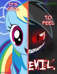 Size: 599x767 | Tagged: semi-grimdark, artist:ponychaos13, artist:tehjadeh, derpibooru import, rainbow dash, pegasus, pony, evil grin, grin, red eyes, sharp teeth, slit eyes, smiling, split screen, teeth, two sided posters