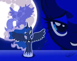 Size: 1280x1024 | Tagged: safe, artist:ponychaos13, derpibooru import, princess luna, alicorn, pony, ethereal mane, female, full moon, grin, hoof shoes, mare, mare in the moon, moon, smiling, spread wings, starry mane, vector, wallpaper, wings