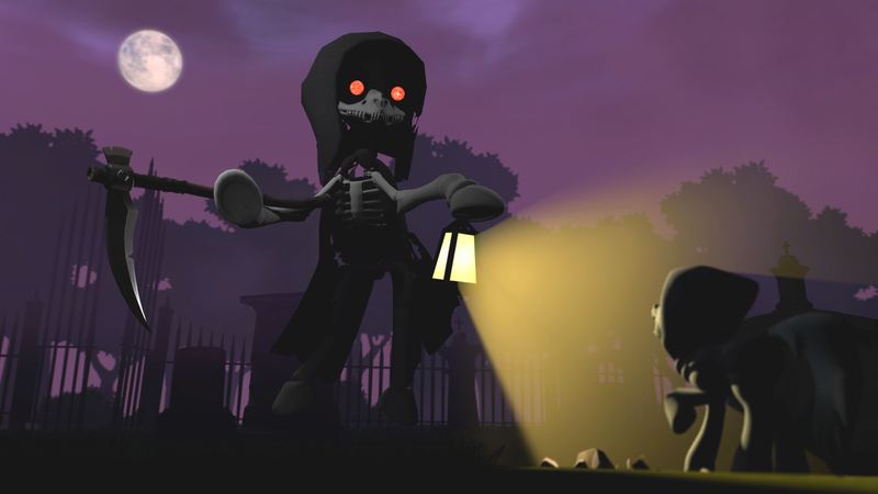 Size: 1920x1080 | Tagged: semi-grimdark, artist:d0ntst0pme, derpibooru import, earth pony, pony, skeleton pony, 3d, bone, cloak, clothes, crypt, full moon, gmod, gravestone, graveyard, grim reaper, lantern, moon, night, not sfm, red eyes, scared, scenery, scythe, skeleton