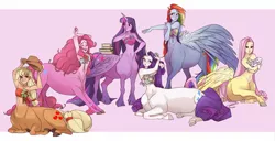 Size: 1920x981 | Tagged: suggestive, artist:skirtzzz, derpibooru import, applejack, fluttershy, pinkie pie, rainbow dash, rarity, twilight sparkle, twilight sparkle (alicorn), alicorn, centaur, earth pony, pegasus, unicorn, armpits, belly button, book, centaur pie, centaur twilight, centaurdash, centaurified, centaurity, centaurjack, centaurshy, commission, female, group, mane six, shhh, species swap