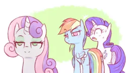 Size: 901x524 | Tagged: safe, artist:raridashdoodles, derpibooru import, rainbow dash, rarity, sweetie belle, pegasus, pony, unicorn, growing up is hard to do, digital art, distracted boyfriend meme, female, implied sweetiedash, lesbian, mare, meme, older, older sweetie belle, raridash, shipping, shocked, smiling, wide eyes