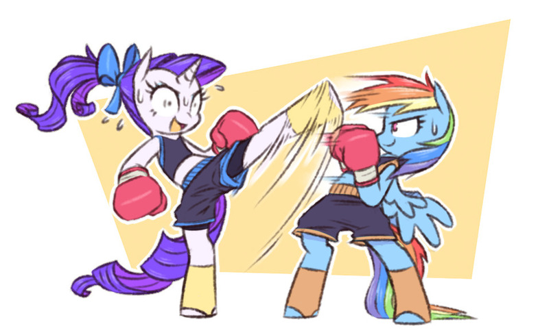 Size: 958x582 | Tagged: safe, artist:raridashdoodles, derpibooru import, rainbow dash, rarity, pegasus, pony, semi-anthro, unicorn, alternate hairstyle, bipedal, bow, boxing gloves, clothes, digital art, female, hair bow, kickboxing, kicking, lesbian, mare, martial artist rarity, martial arts, midriff, motion blur, ponytail, raridash, shipping, shorts, smiling, sports bra, sweat, tanktop, workout outfit