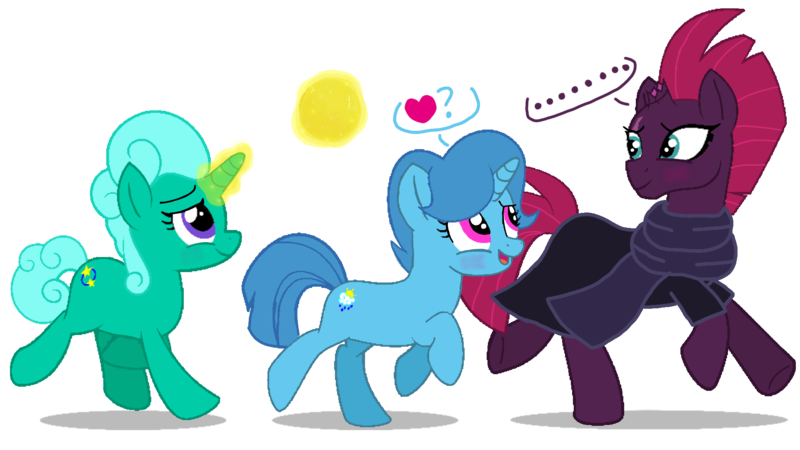 Size: 1920x1080 | Tagged: safe, artist:jhayarr23, artist:徐詩珮, derpibooru import, edit, vector edit, fizzlepop berrytwist, glitter drops, spring rain, tempest shadow, pony, unicorn, ball, broken horn, clothes, cute, female, glitterbetes, glittershadow, horn, lesbian, magic, mare, polyamory, scarf, shipping, simple background, springbetes, springdrops, springshadow, springshadowdrops, tempestbetes, transparent background, vector