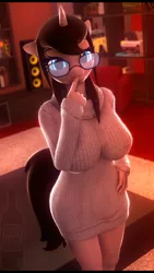 Size: 2160x3840 | Tagged: suggestive, artist:alcohors, derpibooru import, oc, unofficial characters only, anthro, unicorn, 3d, anthro oc, big breasts, bottomless, breasts, clothes, cute, female, glasses, looking at you, mare, milf, ocbetes, partial nudity, smiling, solo, solo female, source filmmaker, sweater, sweater puppies