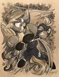 Size: 1566x2048 | Tagged: safe, artist:andypriceart, derpibooru import, lightning dust, rainbow dash, pegasus, pony, angry, clothes, costume, desaturated, fight, gritted teeth, lightning, monochrome, shadowbolts, shadowbolts costume, slapping, traditional art, uniform, wonderbolts uniform