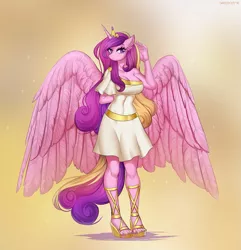 Size: 1255x1300 | Tagged: alicorn, anthro, artist:margony, breasts, busty princess cadance, clothes, derpibooru import, digital art, feet, female, mare, nail polish, plantigrade anthro, princess cadance, safe, sandals, shoes, signature, smiling, solo, toes