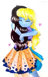 Size: 2322x3741 | Tagged: safe, artist:liaaqila, derpibooru import, oc, oc:azure/sapphire, oc:zaria deibele, equestria girls, crossdressing, cuddling, femboy, hug, male, simple background, traditional art, white background