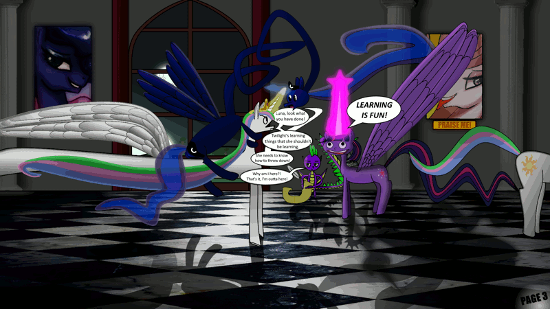 Size: 1920x1080 | Tagged: artist needed, suggestive, derpibooru import, princess celestia, princess luna, spike, twilight sparkle, twilight sparkle (alicorn), alicorn, pony, 1, 1000 hours in ms paint, anatomically incorrect, animated, bad art series, gif, horn, impossibly large horn, impossibly large wings, large wings, levitation, magic, majestic as fuck, seizure warning, speech bubble, telekinesis, text, wings