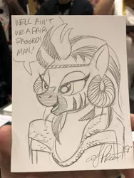 Size: 1536x2048 | Tagged: artist:andypriceart, aunty entity, black and white, derpibooru import, female, grayscale, idw, mad max, mad max beyond thunderdome, mare, monochrome, safe, solo, spoiler:comic, tina turner, traditional art, zebra, zecora