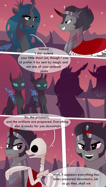 Size: 1856x3270 | Tagged: safe, artist:xjenn9fusion, author:bigonionbean, derpibooru import, king sombra, queen chrysalis, changeling, changeling queen, pony, undead, unicorn, comic:fusing the fusions, comic:time of the fusions, bone, clothes, comic, commissioner:bigonionbean, dialogue, evil planning in progress, female, jewelry, minions, pawn, regalia, skeleton, soldier