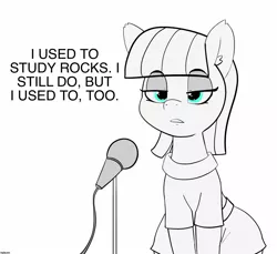 Size: 1500x1376 | Tagged: safe, artist:pabbley, derpibooru import, edit, maud pie, earth pony, pony, deadpan, dialogue, female, joke, mare, maud the comedian, microphone, mitch hedberg, monochrome, neo noir, partial color, solo, stand-up comedy, text