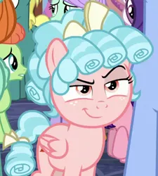 Size: 524x582 | Tagged: safe, derpibooru import, screencap, cozy glow, pegasus, pony, school raze, bow, cozy glow is best facemaker, cropped, curly hair, female, filly, folded wings, freckles, hair bow, pure concentrated unfiltered evil of the utmost potency, pure unfiltered evil, raised eyebrow, smiling, smirk, smug, smugzy clow, solo focus, tail bow, wings