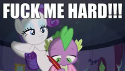 Size: 1920x1080 | Tagged: suggestive, derpibooru import, edit, edited screencap, editor:useraccount, screencap, rarity, spike, dragon, pony, dragon dropped, leak, caption, duckface, excessive exclamation marks, female, fuck me hard, image macro, implied sex, implied shipping, implied sparity, implied straight, male, my little pony after dark, quote, shipping, sparity, straight, text, winged spike