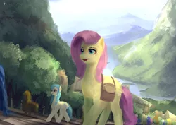 Size: 3508x2480 | Tagged: safe, artist:aidelank, derpibooru import, fluttershy, oc, earth pony, pegasus, pony, bag, crowd, female, lake, mare, mountain, saddle bag