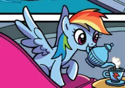 Size: 262x186 | Tagged: safe, artist:brendahickey, derpibooru import, idw, rainbow dash, pegasus, pony, spoiler:comic, spoiler:comicspiritoftheforest02, cropped, cup, cute, dashabetes, female, food, mare, mouth hold, solo, spread wings, tea, teacup, teapot, wings