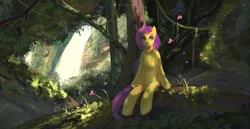 Size: 5114x2646 | Tagged: artist:aidelank, bush, butterfly, derpibooru import, female, flower, fluttershy, forest, grass, log, mare, moss, pegasus, safe, scenery, semi-anthro, sitting, tree, vine