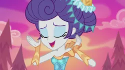 Size: 1920x1080 | Tagged: safe, derpibooru import, screencap, rarity, equestria girls, equestria girls series, the other side, bare shoulders, beautiful, carousel dress, clothes, dress, eyes closed, female, open mouth, solo