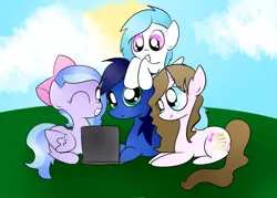 Size: 700x500 | Tagged: safe, artist:wisheslotus, derpibooru import, oc, oc:anna, oc:blue streak, oc:carmen, oc:wishes, unofficial characters only, earth pony, pegasus, pony, unicorn, bow, cloud, computer, earth pony oc, female, hair bow, horn, laptop computer, male, mare, one eye closed, pegasus oc, prone, smiling, stallion, unicorn oc, wings, wink