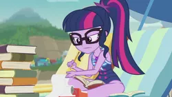 Size: 1920x1080 | Tagged: safe, derpibooru import, screencap, sci-twi, twilight sparkle, equestria girls, equestria girls series, friendship math, adding machine, beach chair, book, clothes, cute, female, geode of telekinesis, glasses, legs, magical geodes, paper, pencil, ponytail, sleeveless, solo, swimsuit, thighs, twiabetes, umbrella