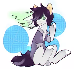 Size: 1070x1002 | Tagged: safe, artist:pomrawr, derpibooru import, oc, unofficial characters only, earth pony, pony, abstract background, cigarette, clothes, earth pony oc, male, sitting, smoking, solo, stallion, waving
