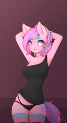 Size: 1608x2939 | Tagged: suggestive, artist:rinli, derpibooru import, oc, oc:panda shade, unofficial characters only, anthro, earth pony, anthro oc, arm behind head, armpits, breasts, clothes, collar, commission, female, mare, panties, shirt, socks, solo, solo female, stockings, striped socks, thigh highs, underwear, ych result