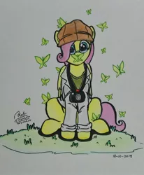 Size: 2368x2877 | Tagged: artist:boyoxhot, butterfly, camera, crossover, derpibooru import, dr. kondraki, female, fluttershy, glasses, hat, mare, pegasus, safe, scp, scp-408, scp foundation, sitting, solo, traditional art