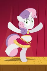 Size: 800x1200 | Tagged: suggestive, artist:scobionicle99, derpibooru import, sweetie belle, pony, unicorn, belly dancer, chubbie belle, chubby, fat, female, nervous, solo, solo female, sweetie belly