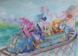 Size: 2542x1826 | Tagged: safe, artist:poulped, derpibooru import, applejack, fluttershy, pinkie pie, rainbow dash, rarity, twilight sparkle, earth pony, pegasus, pony, unicorn, applejack's hat, clothes, cowboy hat, embrace, female, flying away, hat, holding, hug, mane six, mare, missing accessory, open mouth, pinpoint eyes, roller coaster, scared, scarf, scrunchy face, seatbelt, tongue out, traditional art, varying degrees of amusement