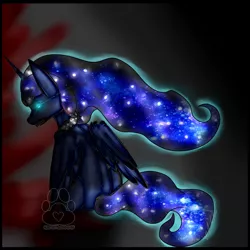 Size: 2500x2500 | Tagged: semi-grimdark, artist:karsithedog, derpibooru import, princess luna, alicorn, pony, abstract background, black sclera, blood, creepy, ethereal mane, female, glowing eyes, looking at you, mare, missing accessory, peytral, rear view, sharp teeth, sitting, solo, starry mane, teeth