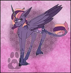 Size: 2338x2404 | Tagged: safe, artist:karsithedog, derpibooru import, part of a set, twilight sparkle, twilight sparkle (alicorn), alicorn, pony, abstract background, chest fluff, cloven hooves, coat markings, cutie mark, dappled, female, glasses, horn, horn jewelry, jewelry, leonine tail, mare, redesign, solo, spread wings, unshorn fetlocks, wings