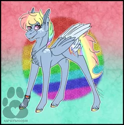 Size: 2425x2431 | Tagged: safe, artist:karsithedog, derpibooru import, part of a set, rainbow dash, pegasus, pony, abstract background, bracelet, chest fluff, cloven hooves, coat markings, cutie mark, ear piercing, earring, female, freckles, jewelry, looking at you, mare, necklace, piercing, redesign, smiling, solo, tail feathers, torn ear