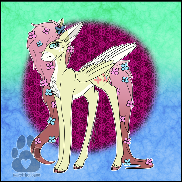 Size: 2500x2500 | Tagged: safe, artist:karsithedog, derpibooru import, part of a set, fluttershy, pegasus, pony, abstract background, chest fluff, cloven hooves, coat markings, cutie mark, female, floppy ears, flower, flower in hair, hair over one eye, looking at you, mare, redesign, smiling, solo, tail feathers