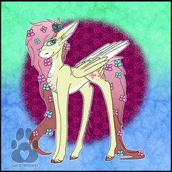 Size: 2500x2500 | Tagged: safe, artist:karsithedog, derpibooru import, part of a set, fluttershy, pegasus, pony, abstract background, chest fluff, cloven hooves, coat markings, cutie mark, female, floppy ears, flower, flower in hair, hair over one eye, looking at you, mare, redesign, smiling, solo, tail feathers