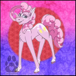 Size: 2500x2500 | Tagged: safe, artist:karsithedog, derpibooru import, part of a set, pinkie pie, earth pony, pony, abstract background, chest fluff, cloven hooves, coat markings, cutie mark, female, lidded eyes, looking at you, mare, redesign, solo