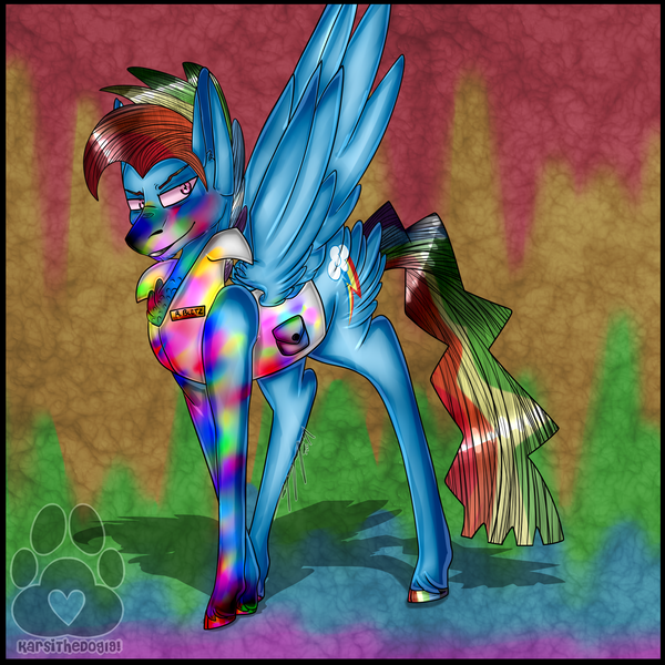 Size: 2500x2500 | Tagged: safe, artist:karsithedog, derpibooru import, part of a set, rainbow dash, pegasus, pony, fanfic:rainbow factory, abstract background, clothes, lab coat, liquid rainbow, looking at you, male, narrowed eyes, rainbow blitz, rainbow factory dash, rule 63, solo, spectra, stallion, tail feathers