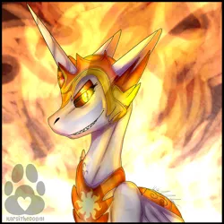 Size: 2500x2500 | Tagged: safe, artist:karsithedog, derpibooru import, daybreaker, alicorn, pony, bust, female, fire, grin, helmet, jewelry, lidded eyes, looking at you, mane of fire, mare, regalia, sharp teeth, smiling, solo, teeth