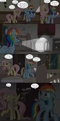 Size: 2000x4000 | Tagged: safe, artist:skitter, derpibooru import, fluttershy, rainbow dash, pegasus, pony, comic:secret of the haunted nursery, abandoned, comic, crib, dialogue, door slam, flashlight (object), floppy ears, haunted house, high res, mobile, mouth hold, nursery, onomatopoeia, playpen, raised hoof, sound effects, speech bubble, spread wings, startled, this will end in diapers, wings