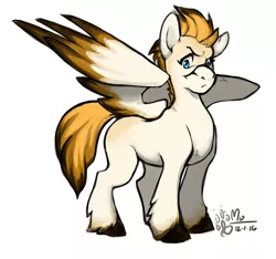 Size: 658x617 | Tagged: safe, artist:mu, derpibooru import, oc, unofficial characters only, pegasus, pony, frown, looking at you, raised eyebrow, request, scar, sidemouth, simple background, solo, spread wings, white background, wings