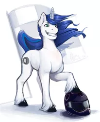 Size: 503x611 | Tagged: safe, artist:mu, derpibooru import, oc, oc:shifting gear, unofficial characters only, pony, unicorn, checkered flag, cutie mark, flag, grin, helmet, male, motorcycle helmet, raised hoof, request, simple background, smiling, solo, stallion, unshorn fetlocks, white background, windswept mane