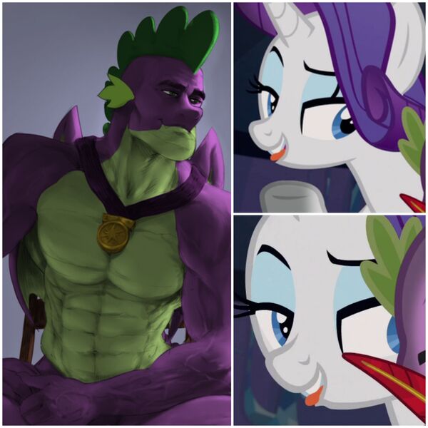 Size: 2896x2896 | Tagged: artist needed, suggestive, derpibooru import, rarity, spike, dragon, unicorn, the last problem, bedroom eyes, female, gigachad, gigachad spike, half-lidded eyes, horny, male, muscles, older, older spike, romance, shipping, sparity, straight, tongue out