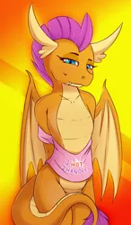 Size: 1876x3215 | Tagged: anthro, arm behind back, artist:fearingfun, bedroom eyes, blushing, breasts, clothes, covering, delicious flat chest, derpibooru import, dragon, dragoness, edit, eyebrow piercing, female, horn, nudity, older, older smolder, piercing, questionable source, shirt, smolder, solo, solo female, suggestive, tail, tail covering