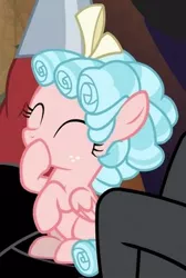 Size: 263x392 | Tagged: safe, derpibooru import, screencap, cozy glow, lord tirek, centaur, pegasus, pony, frenemies (episode), bow, cozybetes, cropped, curly hair, cute, evil lair, eyes closed, female, filly, foal, freckles, giggling, grogar's lair, hair bow, hoof over mouth, lair, sitting, solo focus