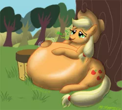 Size: 750x674 | Tagged: suggestive, artist:necrofeline, derpibooru import, applejack, earth pony, pony, applefat, belly, big belly, fat, female, hiccups, huge belly, solo, stomach noise, stuffed, stuffed belly
