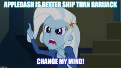 Size: 896x500 | Tagged: safe, derpibooru import, edit, edited screencap, screencap, trixie, equestria girls, rainbow rocks, caption, image macro, implied appledash, implied lesbian, implied rarijack, implied shipping, meme, text, trixie yells at everything