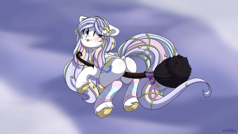 Size: 4096x2304 | Tagged: safe, artist:ev04ka, artist:ev04kaa, derpibooru import, oc, oc:comet tail, pegasus, pony, broom, butt, clothes, cloud, commission, cutie mark, socks, solo, ych result