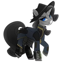 Size: 1050x1050 | Tagged: safe, artist:crimmharmony, derpibooru import, pony, unicorn, fallout equestria, fallout equestria: kingpin, armored legs, beauty mark, blank, blank of rarity, blue eyes, boots, clothes, commissioner:genki, fedora, female, gun, handgun, hat, justice mare, lawbringer, mare, not rarity, pipboy, pipbuck, raised hoof, raised leg, revolver, shoes, simple background, solo, stable 232, transparent background, vault suit, weapon