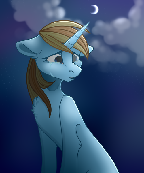 Size: 5906x7087 | Tagged: safe, artist:buvanybu, derpibooru import, oc, oc:skydreams, unofficial characters only, pony, unicorn, commission, crying, female, mare, moon, night, sad, solo, ych result